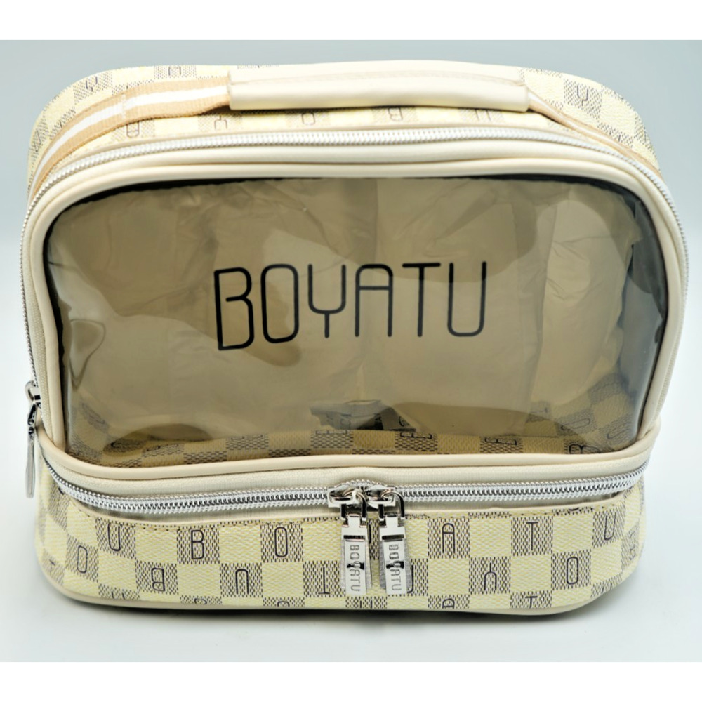 BOYATU Beige Checkered Cosmetic & Travel Organizer‎ Bag, Dual Zipper